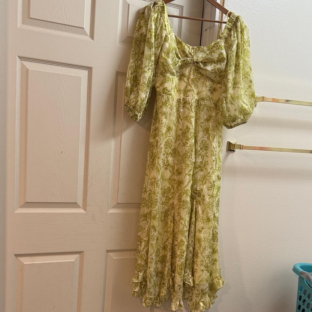 Anthropologie Light Green Floral Midi Dress with Puff Sleeves